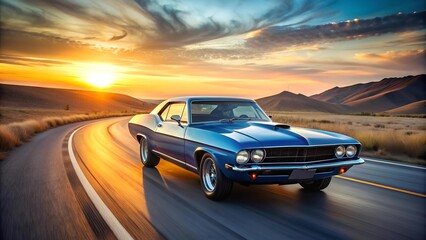 Fototapeta premium Sunset Boulevard: A Classic American Muscle Car Cruising Under a Vibrant Sunset AI generated