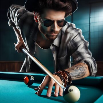  Guy in hat hitting pool ball with cue