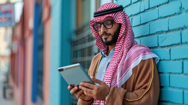 Man in Traditional Clothing Using Tablet Against a Brick Wall