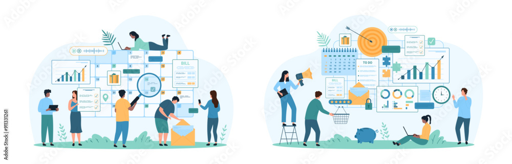 Poster business tasks management and strategy organization, schedule planning set. tiny people study checkb
