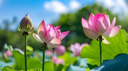 Tranquil Pink Lotus Flowers Blooming in a Serene Pond with Reflections