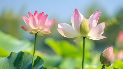 Lotus Flowers Blooming in Tranquil Pond with Lush Foliage
