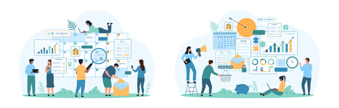 Business tasks management and strategy organization, schedule planning set. Tiny people study checkbox of event date with magnifying glass, manage digital data in planner cartoon vector illustration