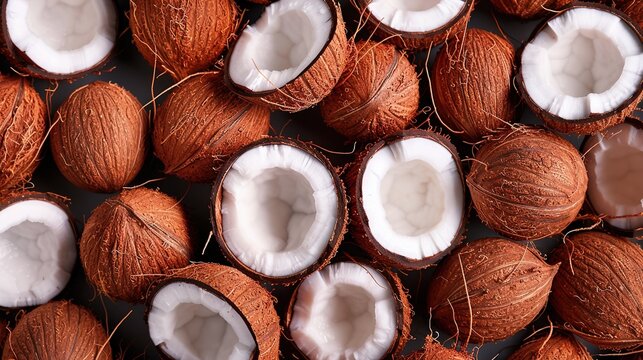   Coconuts stacked on top of each other beside a pile of similarly arranged coconuts