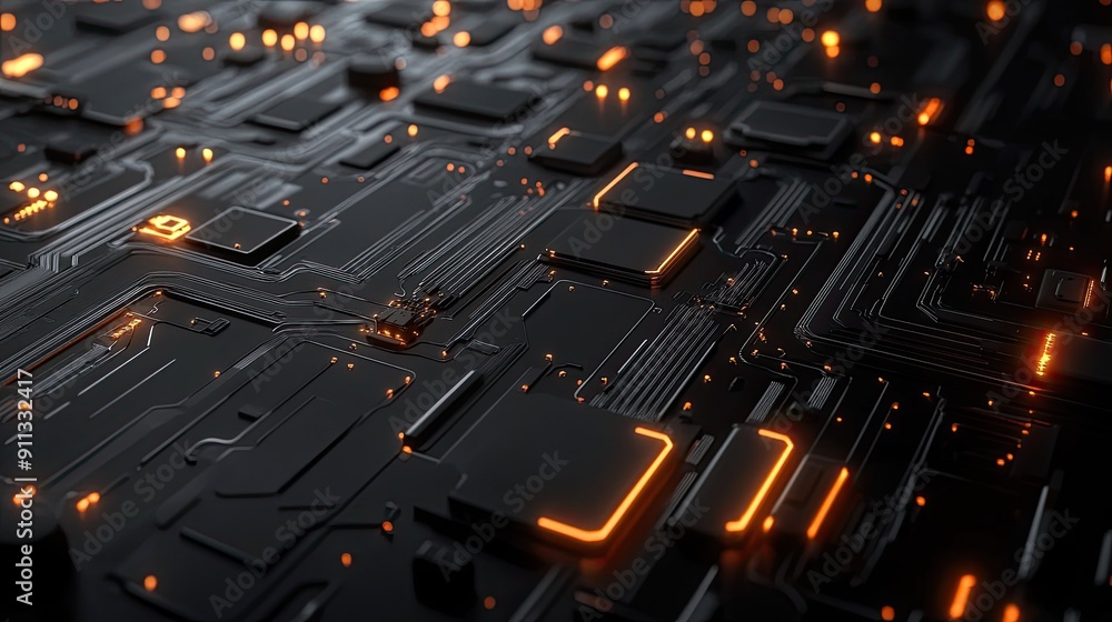 Poster high-tech 3d black background with circuit-like patterns and neon glows, perfect for technology and 