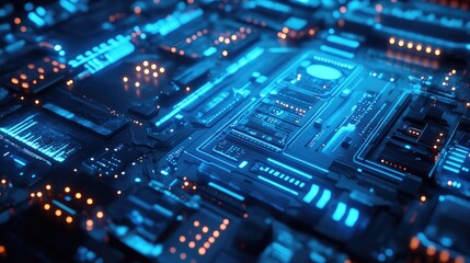Fototapeta premium High-tech 3D blue background with glowing accents and futuristic elements, perfect for technology-themed visuals.