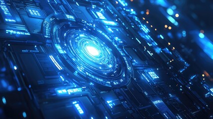 High-tech 3D blue background with glowing accents and futuristic elements, perfect for technology-themed visuals.