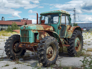 Rusty Vintage Tractor Parked Amidst Overgrown Industrial Area Under Cloudy Sky