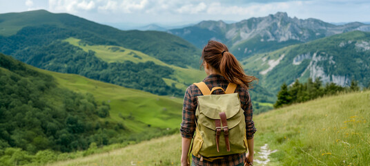 Mujer joven con mochila caminando por las monta&ntilde;as, disfrutando de la naturaleza y de una excursi&oacute;n de senderismo en las vacaciones de verano. Chica excursionista caminando por un sendero hacia