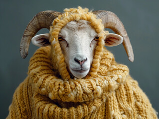 A Goat Dressed in a Cozy Yellow Knit Sweater Sitting Gracefully Against a Neutral Background