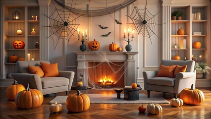Obraz premium A Glowing Pumpkin Oasis: Where Halloween Spirit Blossoms in the Living Room Generative AI