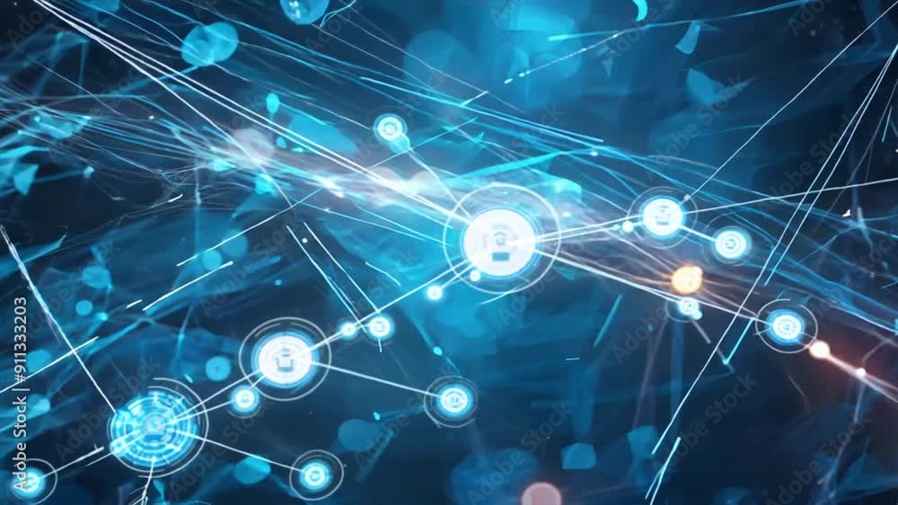 Poster blue abstract network background with data connections and nodes, illustrating modern digital networ