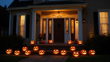 Fototapeta premium Pumpkin Lanterns halloween display front of the house