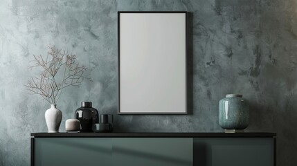 Modern Minimalist Interior with Blank Framed Canvas on Blue Textured Wall