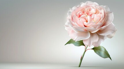 Fototapeta premium A pink rose with green leaves on a gray background, reflecting light