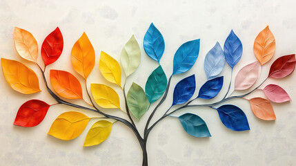 Elegant colorful tree with vibrant leaves hanging branches illustration background. Bright color 3d abstraction wallpaper for interior mural painting wall art decor. Ai	