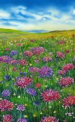 Obraz premium A painting of a field of flowers with mountains in the background and a blue sky with clouds above it,