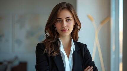 Businesswoman in formal setting with ample space for advertising.