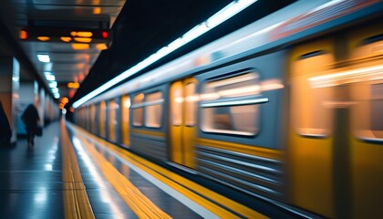 The subway passing quickly in the night view contrasts with the blurred vehicles and platforms