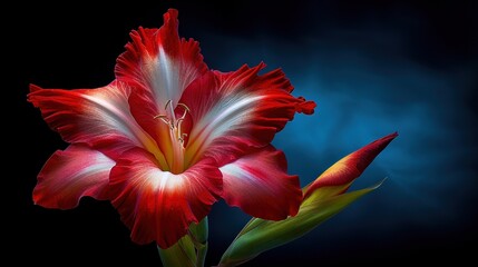 Obraz premium A close-up of a red and white flower against a black background, with a blue sky visible in the background