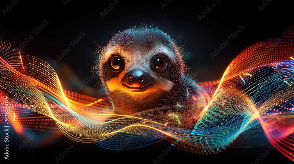 Wall mural  Sloth on black background with colorful wave from mouth