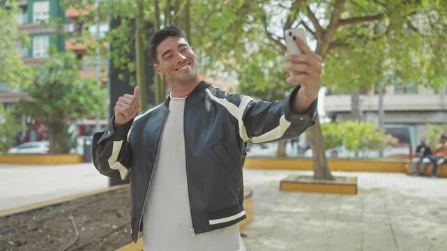 Handsome man taking a selfie with phone, giving thumbs-up in an urban park setting.