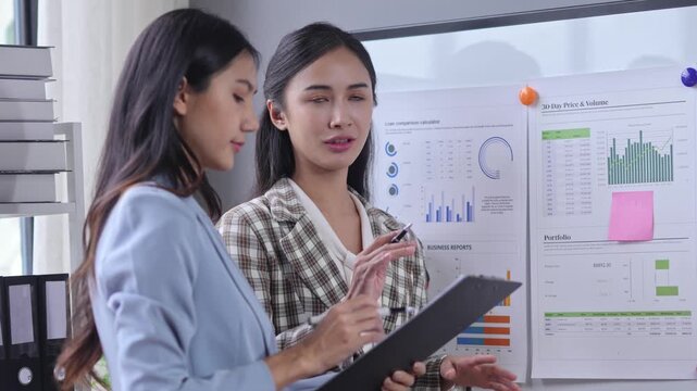 Two businesswomen analyzing financial charts and discussing performance metrics in an office setting. Perfect for business analysis and teamwork visuals
