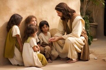 Smiling Jesus Christ talks kindly to children