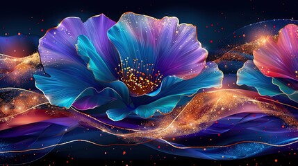 Obraz premium A painting of a blue-purple flower against a black backdrop, featuring gold and blue swirls and sparkles