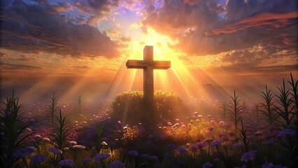 Fototapeta premium A wooden cross in a field among flowers in a sunbeam