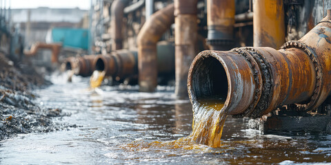 Industrial wasteland with rusty old dirty pipes, flowing toxic sludge into a polluted river. Pollution of sewage and water bodies