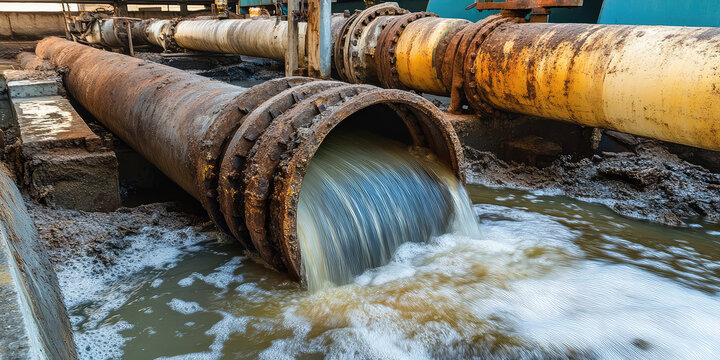Industrial wasteland with rusty old dirty pipes, flowing toxic sludge into a polluted river. Pollution of sewage and water bodies