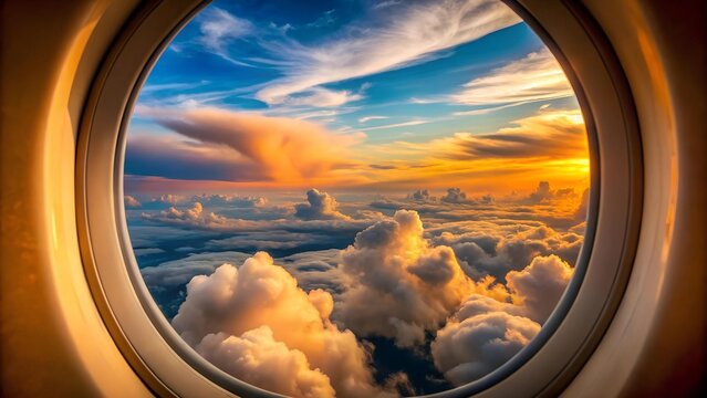 Celestial Tapestry: A Symphony of Orange and Blue Through the Airplane Porthole  generative AI