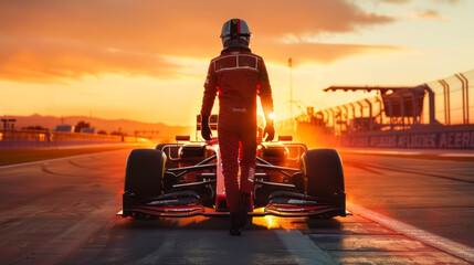 Obraz premium New Formula One pilot going to his racing car on track at sunrise. Career start. New season of F1 World Championship. Unrecognizable F1 pilot in helmet standing at a racing car at sunset End of career