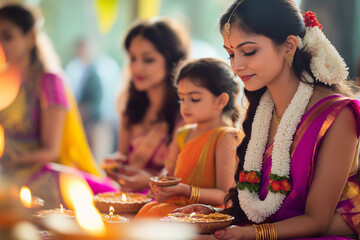 Fototapeta premium Indian Women and Child Celebrating Diwali with Diyas, Traditional Attire