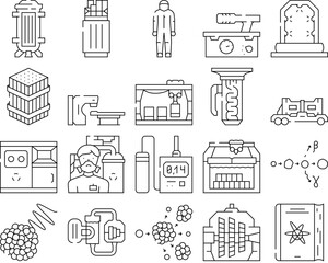 nuclear energy power reactor icons set vector. electricity radioactive, plant atomic, station environment technology, atom electric nuclear energy power reactor black contour illustrations