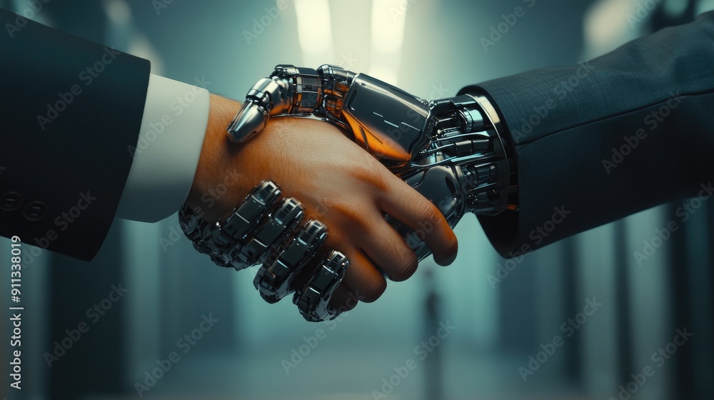 Poster close-up of a robot and a businessman handshake with a professional office backdrop.