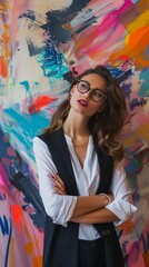 Businesswoman with a striking abstract color backdrop.