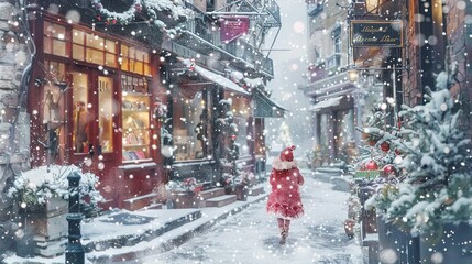 figurative colorist watercolor illustration of a holiday card snow store, in the style of crimson