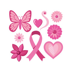 A set of pink ribbon, flowers, butterflies and hearts breast cancer awareness elements vector design illustration