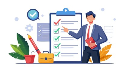 A businessman effortlessly ticking a box on a digital interface. The design emphasizes the efficiency of digital project management and is perfect for promoting workflow automation tools.