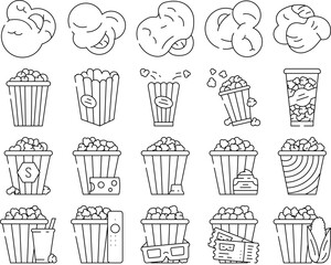 popcorn food snack cinema icons set vector. movie corn, pop bucket, entertainment box, delicious, tasty film, red white striped popcorn food snack cinema black contour illustrations