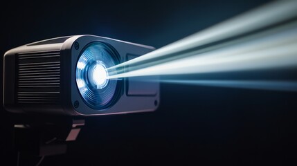 High-tech projector casting a bright beam of light in a dark room
