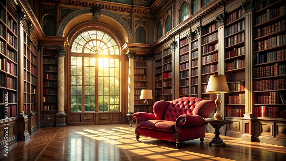 Wall mural A Crimson Velvet Chair in a Grand Library  AI generated