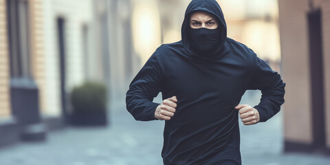 Thief running on the street. Unrecognizable robber in black hoodie and mask running away from crime scene, crime in the city
