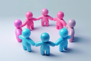 3D Render of Pink and Blue Figures Holding Hands in a Circle
