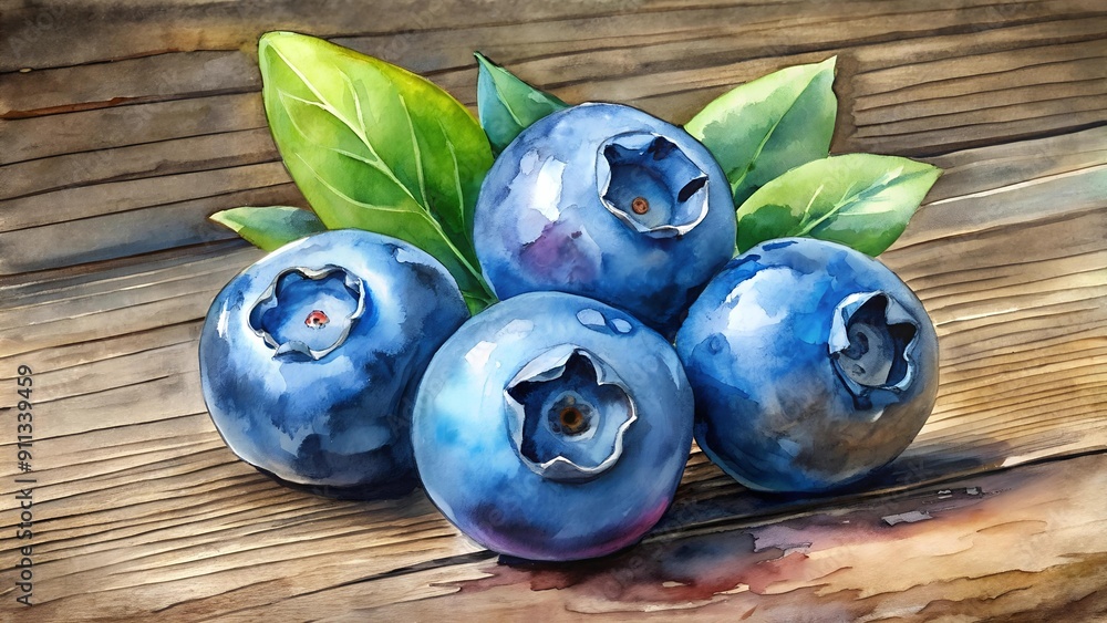 Wall mural A Trio of Blueberries: A Watercolor Study of Nature's Jewels  AI generated