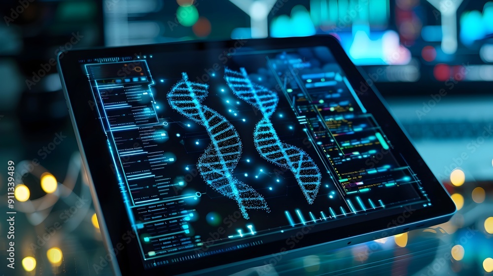 Poster futuristic digital dashboard with holographic data visualization on tablet screen