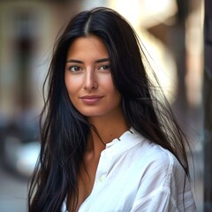 Obraz premium Portrait of a woman with long dark hair. She is wearing a white top. The background is an outdoor urban setting. This is a headshot with a natural and relaxed expression. Perfect for stock images. AI