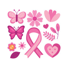 A set of pink ribbon, flowers, butterflies and hearts breast cancer awareness elements vector design illustration